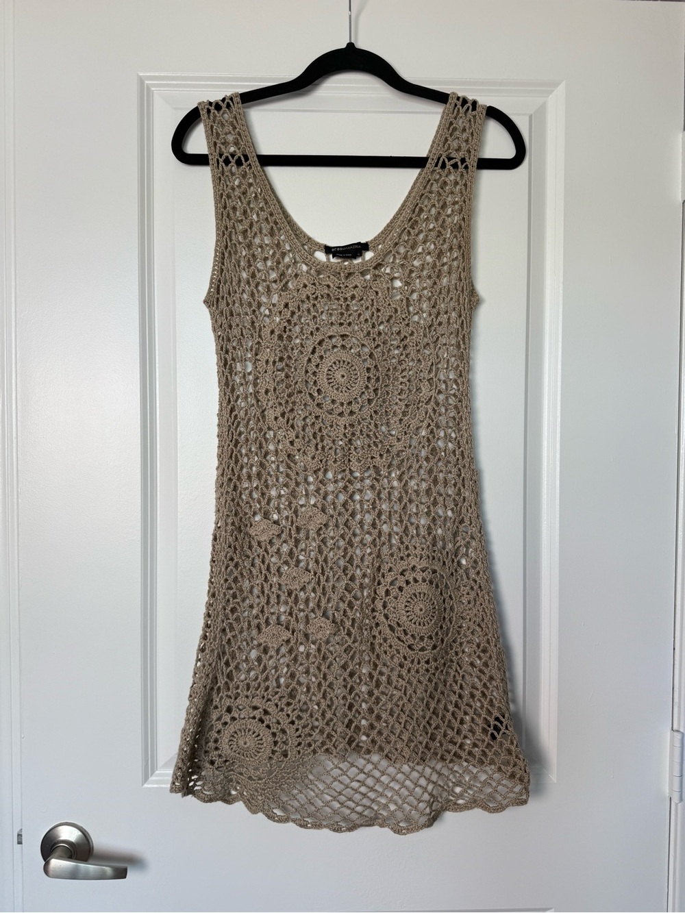 BCBGMAXAZRIA Crochet Knit Tank Dress Tunic Tan Boho Medallion XL Fits M L